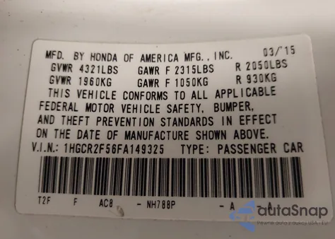 2015 Honda Accord Sport из США, поврежденный, VIN 1HGCR2F56FA149325